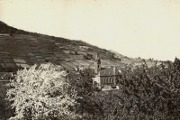 Blick auf St. Martin vom Emsenacker. Wingertsberg, Breitenberg, Kirche, Kirschblüte. Originalfotografie. Vorlage für eine Postkarte. Privatbesitz.